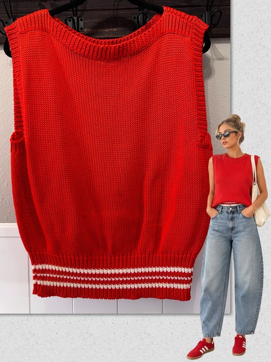 Liz Claiborne Sweaters - Vintage Liz Claiborne Cotton Poppy Red Chunky Knit Sweater Vest Stripe Waistband